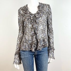Lucky Brand Ruffle Lace Trim Sheer Floral Blouse Size M Brown Blue Long Sleeve
